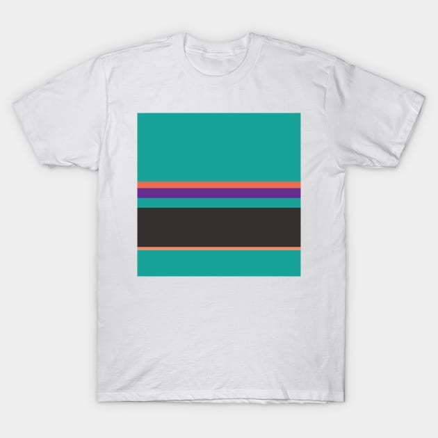 An astonishing union of Light Red Ochre, Big Foot Feet, Christmas Purple, Blue/Green and Dark Grey stripes. T-Shirt by Sociable Stripes